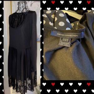 French Connection black knit dress with knife pleated skirt and lace hem, Size 8